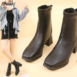 Brand Women Beige 7cm Block High Heels Ankle Boots 2023 Winter Female Square Toe Chelsea Boots High Quality Short