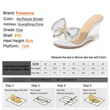High Heels Summer Slippers Fashion Elegant Party Transparent Women Shoes Satin Big Bow Wedge Sandals 8CM Pink Pumps Size