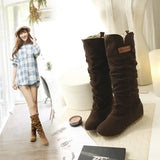 Women Lace Nubuck Flat Heels Winter Snow Boots Shoes Women's Flock Plush Padded Winter Long Riding Motorcycle Boots