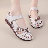 Summer New Head Layer Cowhide Flat Bottom Women's Shoes National Wind Leather Hollow Out Small Flower Women's Sandals Mother