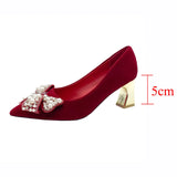 Elegant Ladies Red Silk Wedding Bride Shoes Pearl Bowknot Pointed Toe Pumps Women Sexy Party Dress High Heels Shoes