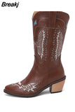 Big Size 34-43 Women Knee High Boots Cowboy Autumn Thick High Heels Pointed Toe Retro Butterfly Long Boots Shoes