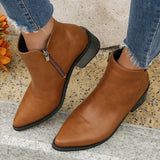 Women Ankle Boots 2024 Retro Style Pointed Toe Leather Boots Solid Short Barrel Chunky Heel Western Boots Botines