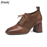 Spring Autumn Brown Retro Lace-up Shoes Women's Commuter Comfortable High Heels Thick Heel Deep Mouth Women's