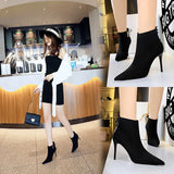 Breakj Retro Fashion Sexy Club Show Thin Heel High Heel Suede Back With Pointed Winter Ankle