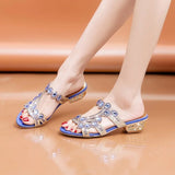 Women Mom's Shoes Outwear Low Heel Sandals Women's Rhinestone Thick Heel Slippers Size 42 Large Slippers Women