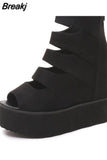 Women's Summer New High Thick Bottom Muffin Wedge Heel Fish Mouth Heel Women's Sandals Platform Black Hollow