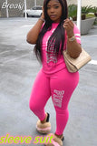 Pink Letter Print Women Two Piece Set Casual Sport Tracksuit Short Sleeve Top + Jogger Sweatpant Suit Plus Size Outfits