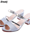Slippers Sequin Fabric High Heels Buckle Cool Summer Casual Open Toe Shoes for Women Pantuflas Zapatos Mujer