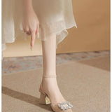 Strap Crystal Sandals for Women Pointed Toe High Heels Sandalias De Mujer Shiny Rhinestones Square Heeled
