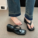 Square Toe Wedge Flip Flops Women Korean Style Clip Toe Platform Sandals Woman Summer 2023 Outdoor Non Slip Beach