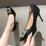 2024 Bling Silver Sequins Pumps for Women Rhinestone Party Wedding High Heels Shoes Woman Pointed Toe Thin Heel