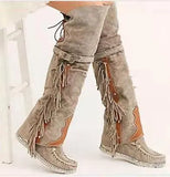 Bohemia Knee-length Women Boots Ethnic Personality High Boots Tassels Faux Suede Boots Girl Flat Bottom Long Botas