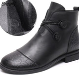 Autumn Winter Genuine Leather Flat Ankle Boots For Women Warm Boots Side Zipper Soft Comfortable Cow Leather