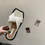 Soled Slippers for Women Summer Chain Denim Chunky Heel Fashion Cross Slides Open Toe Outdoor Beach Woman Walking