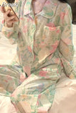 Women's Silk Long-sleeved Pajamas Sleepwear Suit Flower Printed High-grade Ice Silk Outside Home Wear Pijamas De