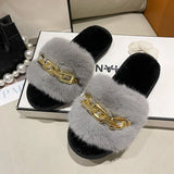 Fur Slippers 2024 New Fashion Chain Design Women Home Slippers Winter Indoor Open Toe Flat Non-slip Leisure Female