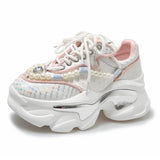Print Chunky Sneakers Women 2023 Thick Bottom Platform Ladies Sports Shoes Street Fashion Pearl Rhinestone Dad Shoes