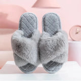 Women's Cross Band White Fur Slippers Winter Warm Plush Soft House Slippers for Women Indoor Open Toe Fluffy Home Shoes