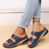Double Buckle Wedge Slippers Women Summer 2023 Brown PU Leather Platform Sandals Woman Casual Non Slip Beach Flip