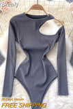 Hollow Out One Shoulder Long Sleeve Bodysuit for Women Solid O-neck Slim Fit Body Top Casual Spring Autumn Bodycon