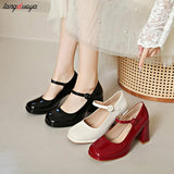 High Heels Shoes Female 2024 Sexy Ankle Straps Black Red Heeled Mary Jane Shoes Thick-Heeled Party Dress