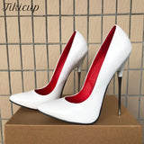 Glossy White 16cm Extremely High Metal Heels Women Sexy Pointy Toe Slip On Stiletto Pumps Big Size Stable Shoes