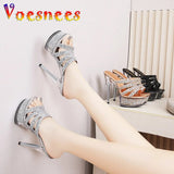 Women New Crystal Slippers 14.5CM Fashion Model High Heels Summer Thin Heels Sexy Party Shoes Waterproof Platform Sequin
