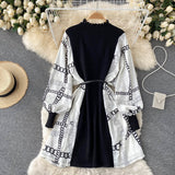 Women Floral Print Patchwork Sweater Dress 2023 Autumn Fashion O-neck Long Sleeve Loose Waist Belted A-line Casual Female