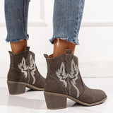 Embroidery Faux Suede Western Boots Women Pointed Toe Retro Cowgirl Boots Woman 2023 Slip On Thick Heels Ankle