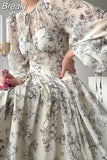 Elegant Floral Midi Dress Woman Evening Party 2023 Summer Beach Fairy Long Sleeve Sundress One Piece Dress Korean