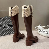 Knee High Brown Long Boots Comfort Square Heel Zip Belt Buckle Platform Boots for Women Plush Edge Warm Gothic