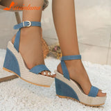 For Dropship 2023 New Summer Elegant Wedge Slide Sandals For Women Denim Single Band Flatform Sandals Beach