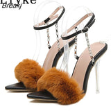 Women Sexy Sandals Transparent High Heels Ladies Fashion Fluffy Pointed Toe Buckle Strap Party Shoes