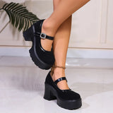 Leather Chunky Platform Mary Jane Shoes Women Fashion Crystal Buckle Strap Thick Heels Pumps Woman Gothic High Heel