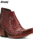 Female Western Boots Wood Sole Pointed Toe Slip-On Print Ankle Boots Embroider 2023 Spring Comfy Woman Boots