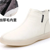 Leather Cow Women Ankle Boots Warm Wool Motorcycle Slip on Super Comfortable Booties Winter Shoes White