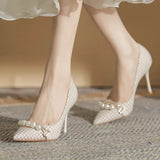 Womens Summer Footwear Pointed Toe Shoes for Woman 2023 Office on Heeled Pumps High Heels Stilito Sale Beige Plaid Free