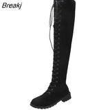 Women's Boots Low Heels Flock Winter Over Knee Boots for Woman 2023 Lace Up Fashion Female Thigh High