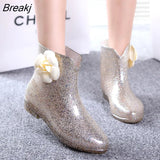 Women's Rain Shoes Spring and Autumn Rain Boots Knot-bow Low-top Boots White-collar Waterproof Shoes Rubber