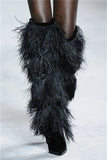 Women's High Boots Suede Cross-tied Pointed Toe Party High Heel Shoes Sexy Ostrich Feather Women's Over The Knee