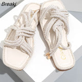 Wear Women Sandals Flat Slippers Hemp Rope Upper Design Women Casual Large Size 42 Square Toe Hollow Flat Heel Woman