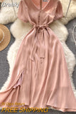 Chic Summer Dress for Women Solid V-neck Short Sleeve Elegant Dress Sash Lace-up A-line Split Midi Party Dress