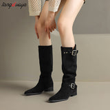 High Quality Pleated Boots Women Black Nude Faux Suede Flock Knee High Boots Ladies Flat Autumn Winter Dress Shoes size