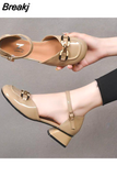 for Women 2023 Round Toe Ladies Summer Footwear Normal Leather Casual Black Square Heels Sandals with Medium Wholesale A