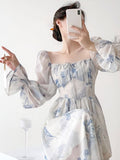 Summer French Elegant Floral Midi Dress Party Chiffon Vintage Fashion Dress Beach Long Sleeve Casual Dress Office Lady