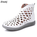 Women's Summer Boots Fashion 2023 New Genuine Leather Women's Sandals Hollow Design Non-slip Round Toe Ladies