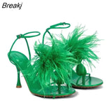 Blue Feather Sandals Women flip-flops Leather High Heels Sandalias Ladies Summer Fur Shoes Pumps Party Wedding Shoes
