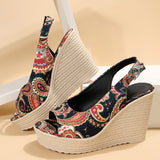 Style Print Wedge Sandals for Women Peep Toe Chunky Platform Shoes Woman Summer Thick Bottom Gladiator Sandalias