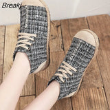 Women Boots 2022 New Hemp Women Shoes Lace-up Round Toe Flat with Plaid Sewing Concise Handmade Ankle Platform